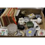 TWO TRAYS OF ASSORTED CERAMICS ETC TO INCLUDE WEDGWOOD, VINTAGE O/S MAPS, ETC