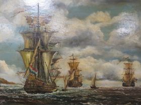 A GILT FRAMED OIL ON BOARD OF DUTCH SAIL SHIPS, INDISTINCTLY SINGED LOWER LEFT G. RODERICK;