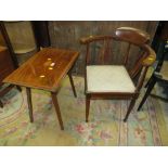 A LOW EDWARDIAN MAHOGANY INLAID TABLE AND CORNER CHAIR