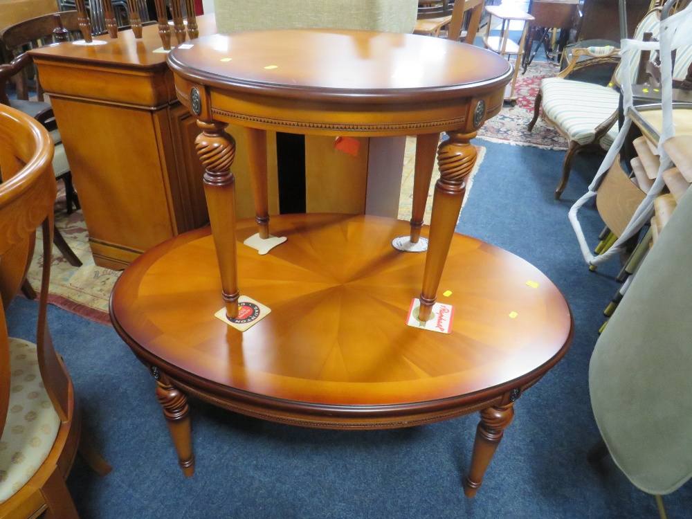 A MODERN CHERRY OVAL COFFEE TABLE AND LAMP TABLE (2)