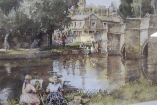 A LARGE GILT FRAMED AND GLAZED SIGNED GILL STURGEON PRINT ENTITLED 'BY THE WYE, BAKEWELL' - H 52