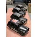 FOUR TINPLATE LONDON TAXIS