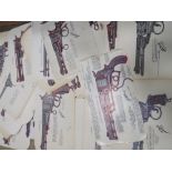 A QUANTITY OF DETAILED DRAWINGS OF HAND GUNS ETC