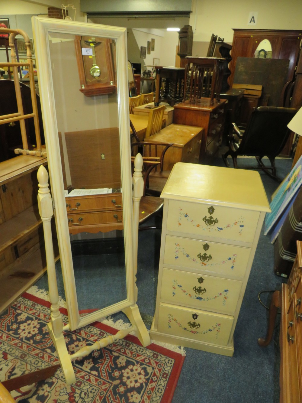 A PAINTED FOUR DRAWER CHEST AND A CHEVAL MIRROR (2)