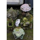 SIX ASSORTED GARDEN ORNAMENTS INCLUDING A TOAD STOOL HOUSE