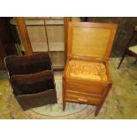 A VINTAGE OAK SEWING BOX AND A PAPER RACK (2)