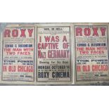 THREE ANTIQUE POSTERS FOR THE ROXY CINEMA IN HANLEY DATED 1939 (A/F)