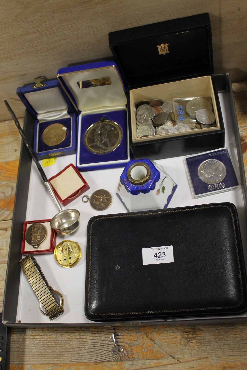 A QUANTITY OF COINS, OLYMPIC MEDAL, LADLE ETC