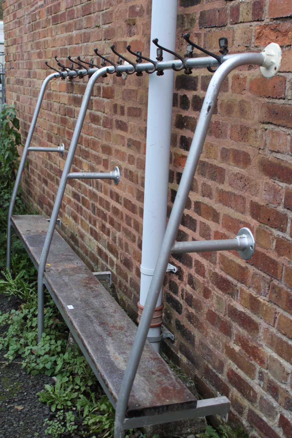 A VINTAGE SCHOOL BENCH WITH COAT HOOKS L CM