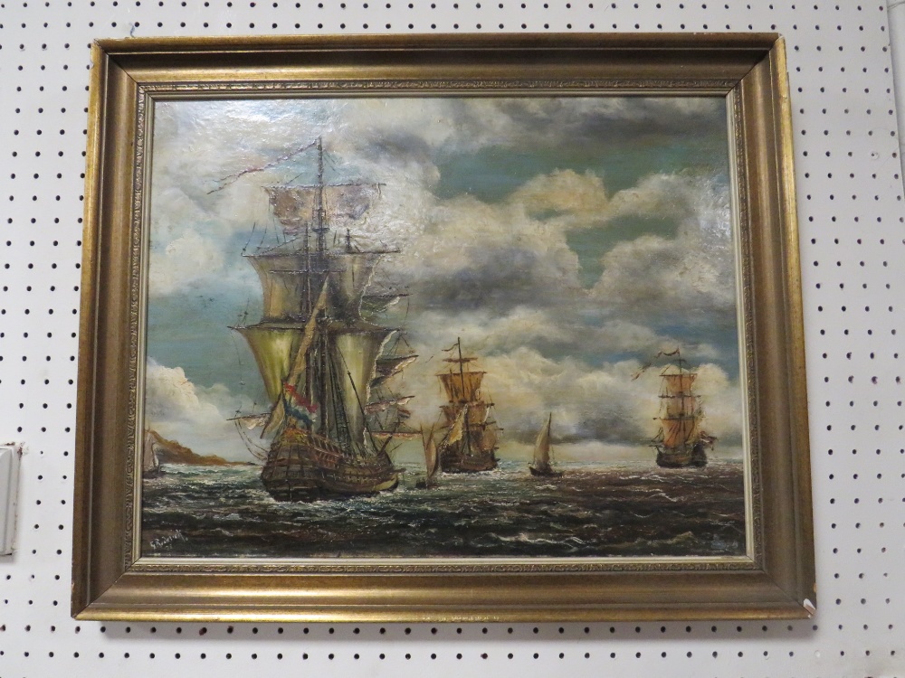 A GILT FRAMED OIL ON BOARD OF DUTCH SAIL SHIPS, INDISTINCTLY SINGED LOWER LEFT G. RODERICK; - Image 2 of 3