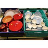 TWO TRAYS OF CERAMICS TO INCLUDE RED COOKWARE
