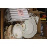 TWO TRAYS OF MIXED CHINA AND GLASSWARE TO INCLUDE A PART GRINDLEY DINNER SET AND PAINTED GLASS SET