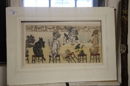 A MOUNTED PRINT DEPICTING DOGS