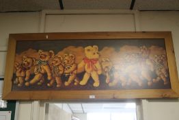 A PINE FRAMED PRINT DEPICTING TEDDY BEARS 55 CM X 134 CM