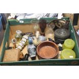 A TRAY OF ORNAMENTS AND GLASSWARE TO INCLUDE SET OF NAPKIN RINGS, PERFUME BOTTLES, DUCK ORNAMENTS,
