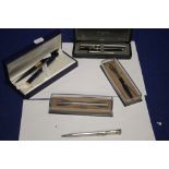 A BAG OF ASSORTED PENS TO INCLUDE WATERMAN, PARKER, ETC TOGETHER WITH A SILVER SELF PROPELLING