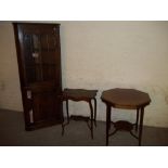 THREE ITEMS TO INCLUDE AN OAK CORNER DISPLAY DRINKS CABINET AND 2 EDWARDIAN SIDE TABLES