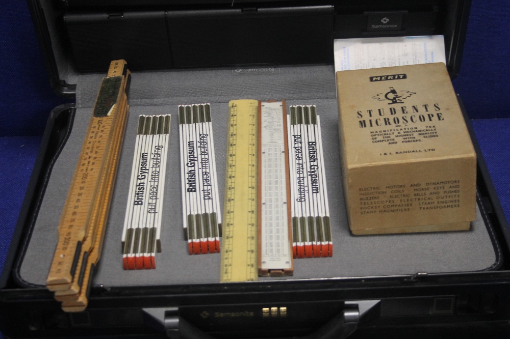 A COLLECTION OF VINTAGE RULERS, A STUDENTS MICROSCOPE, COMPASS SET ETC, CONTAINED IN A SAMSONITE - Image 2 of 3