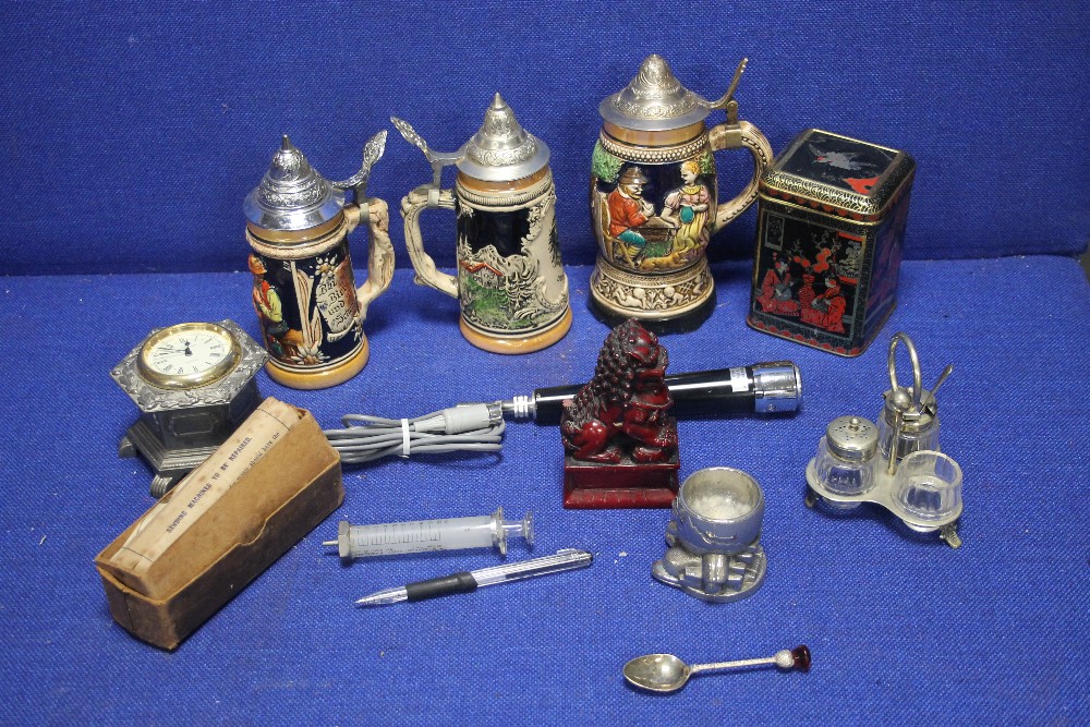 A COLLECTION OF THREE BEER STEINS TOGETHER WITH A SMALL QUANTITY OF COLLECTABLES