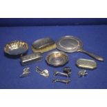 A COLLECTION OF HALLMARKED SILVER AND WHITE METAL ITEMS TO INCLUDE A DRESSING TABLE MIRROR