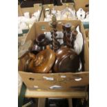 A BOX OF ASSORTED TREEN TO INCLIUDE A BARLEY TWIST LAMP