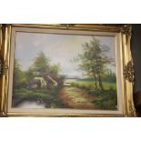 A GILT FRAMED OIL ON CANVAS OF A COUNTRYSIDE SCENE 64 CM X 69 CM