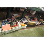FIVE TRAYS OF MAINLY HARDBACK BOOKS TO INCLUDE WORLD ATLASES, NATURE, SPORT, ANTIQUE GUIDES ETC