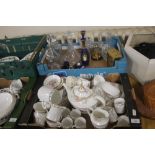 TWO TRAYS OF CERAMICS AND GLASSWARE TO INCLUDE A PART ROYAL DOULTON TEA SET (TRAYS NOT INCLUDED)
