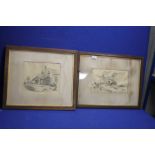 TWO FRAMED PENCIL DRAWINGS SIGNED "HUNTBACH 1897", 59 X 45 CM AND 54 X 46 CM