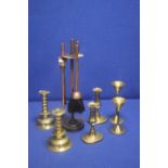 A COLLECTION OF METALWARE TO INCLUDE COMPANION SET, CANDLE HOLDERS ETC