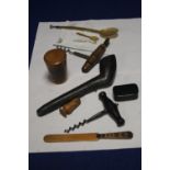 A BOX OF COLLECTABLES TO INCLUDE CORKSCREWS, PIPE ETC