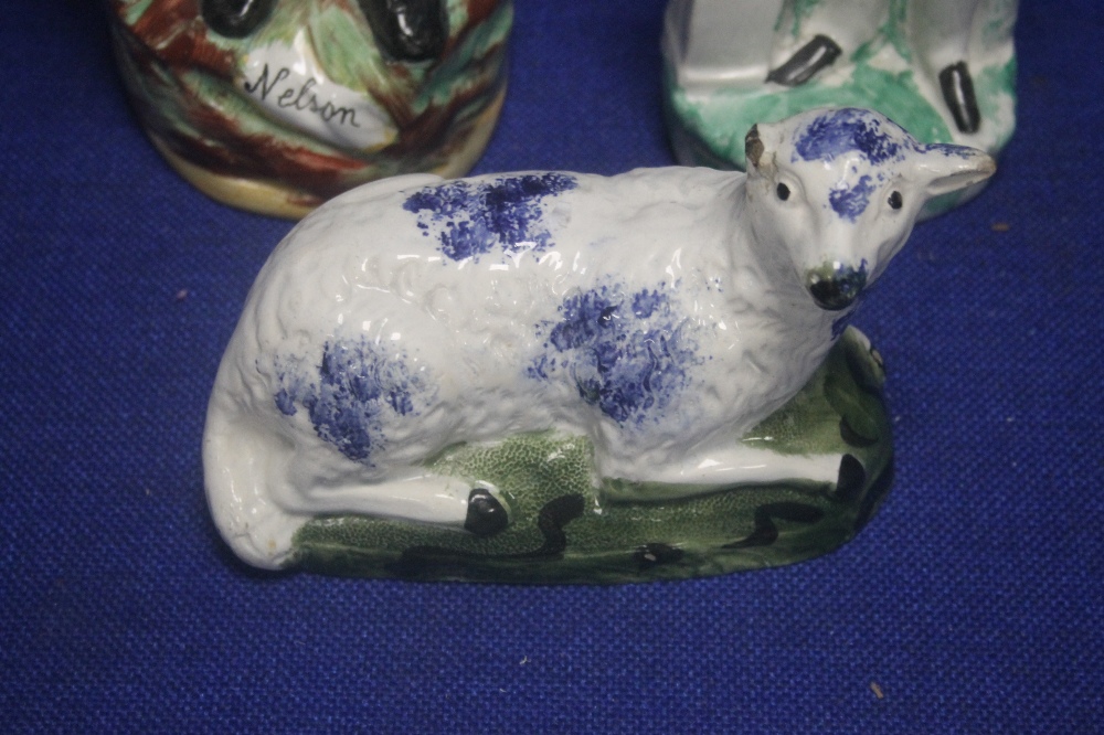 TWO CONTINENTAL STYLE FIGURES TOGETHER WITH A STAFFORSHIRE STYLE FIGURE OF A SHEEP - Image 2 of 2