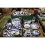 THREE TRAYS OF BLUE AND WHITE BOOTHS REAL OLD WILLOW PATTERN CHINA (TRAYS NOT INCLUDED)