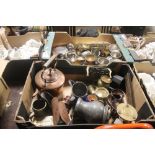TWO TRAYS OF METALWARE TO INCLUDE A COPPER KETTLE ETC