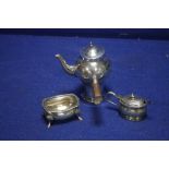 A HALLMARKED SILVER COFFEE POT WITH WOODEN HANDLE A/F TOGETHER WITH A MUSTARD POT ETC