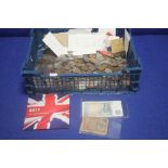 A BOX OF WORLD COINS AND SOME BANKNOTES