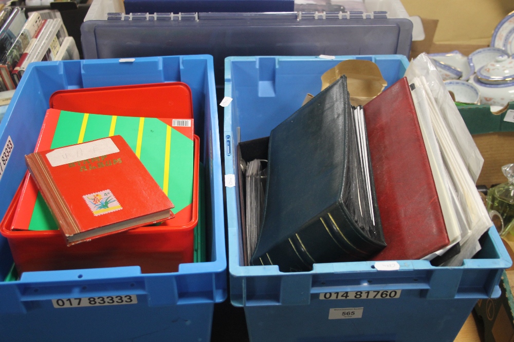 TWO TRAYS INCLUDING STAMP ALBUMS, FIRST DAY COVERS AND LOOSE STAMPS