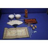 A QUANTITY OF ORIENTAL COLLECTABLES TO INCLUDE A PIPE, ABACUS ETC