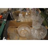 TWO TRAYS OF CUT GLASS TO INCLUDE DECANTERS (TRAYS NOT INCLUDED)