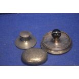 A HALLMARKED SILVER ASH TRAY TOGETHER WITH A HALL MARKED SILVER INKWELL AND A VESTA