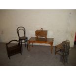 FIVE ITEMS TO INCLUDE AN ANTIQUE CHAIR AND A LEATHER INLAID COFFEE TABLE