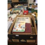 A TRAY CONTAINING A PAIR OF WAR ILLUSTRATED VINTAGE BOOKS, RUPERT BOOK AND A LARGE QUANTITY OF WAR