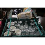 A TRAY OF COLLECTABLES TO INCLUDE A GLOBE TOGETHER WITH A TRAY OF GLASSWARE (TRAYS NOT INCLUDED)