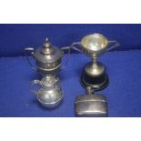 TWO HALLMARKED SILVER TROPHY""S TOGETHER WITH A HALLMARKED SILVER HIP FLASK AND JUG