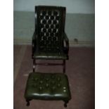 A GREEN LEATHER CHESTERFIELD OCCASIONAL CHAIR AND FOOT STOOL