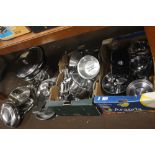A QUANTITY OF STAINLESS STEEL COOKWARE CUTLERY ETC