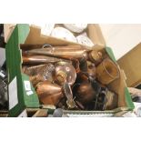 A QUANTITY OF TREEN AND COPPER WARE (TRAYS NOT INCLUDED)