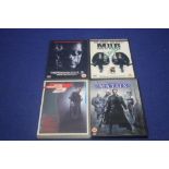 A COLLECTION OF DVDS BARING SIGNATURES FOR ARNOLD SCHWARSNEGGER, JUSTIN TIMBERLAKE, KEANU, REEVES