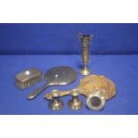 A COLLECTION OF HALLMARKED SILVER AND WHITE METAL ITEMS TO INCLUDE MIRRORS, VASE, CANDLE HOLDERS