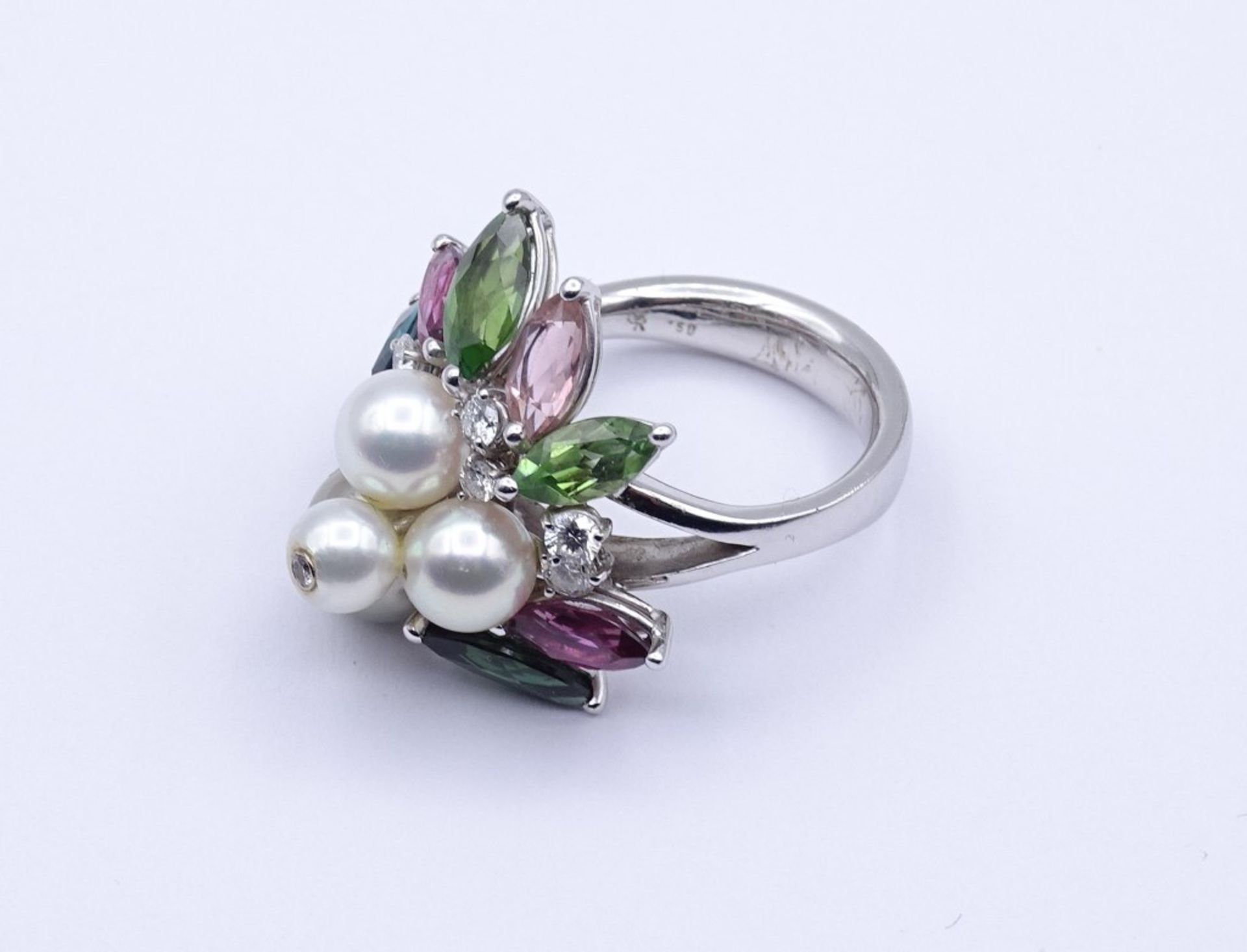 Prachtvoller Edelstein Ring WG 0.750 mit Brillanten,Perlen und Multicolor Edelsteinen, 16,10 g., RG - Bild 4 aus 7